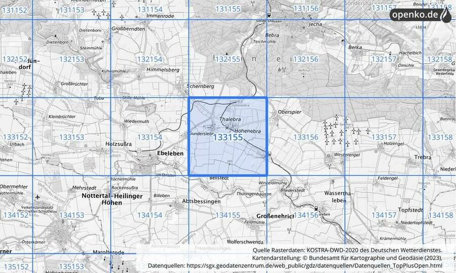 Übersichtskarte des KOSTRA-DWD-2020-Rasterfeldes Nr. 133155