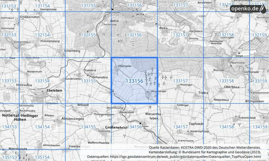 Übersichtskarte des KOSTRA-DWD-2020-Rasterfeldes Nr. 133156