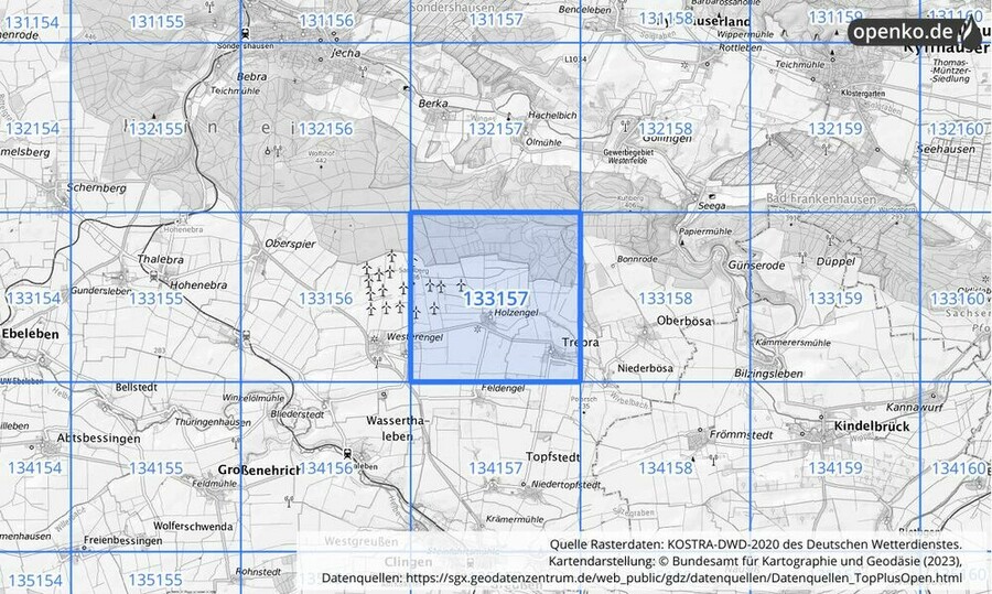 Übersichtskarte des KOSTRA-DWD-2020-Rasterfeldes Nr. 133157