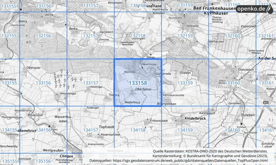 Übersichtskarte des KOSTRA-DWD-2020-Rasterfeldes Nr. 133158