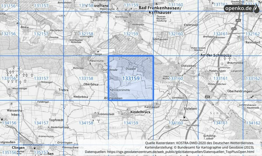 Übersichtskarte des KOSTRA-DWD-2020-Rasterfeldes Nr. 133159