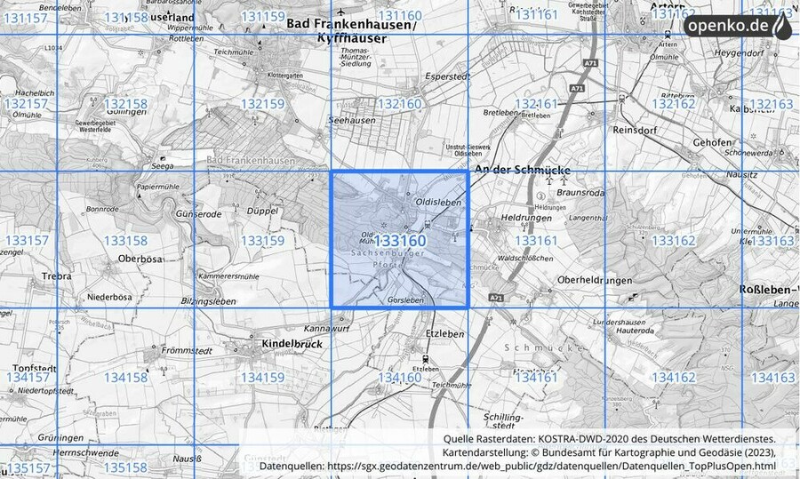 Übersichtskarte des KOSTRA-DWD-2020-Rasterfeldes Nr. 133160