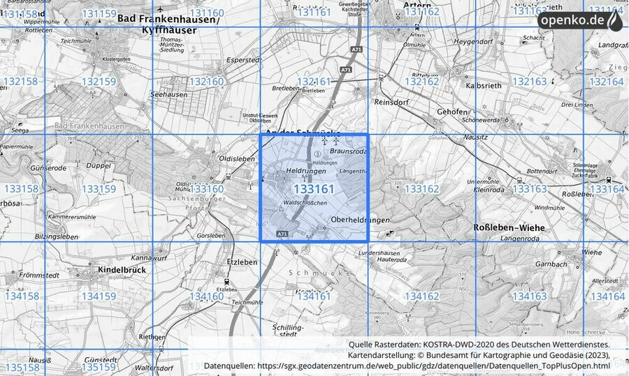 Übersichtskarte des KOSTRA-DWD-2020-Rasterfeldes Nr. 133161