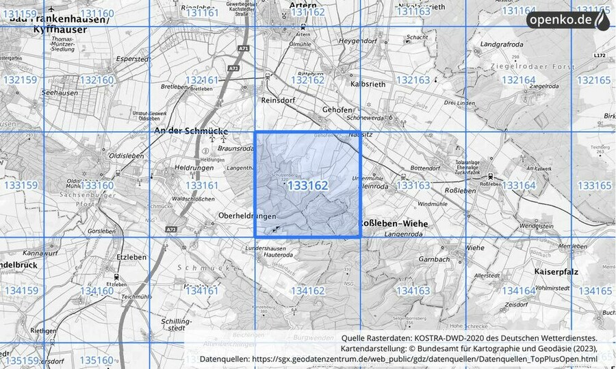 Übersichtskarte des KOSTRA-DWD-2020-Rasterfeldes Nr. 133162