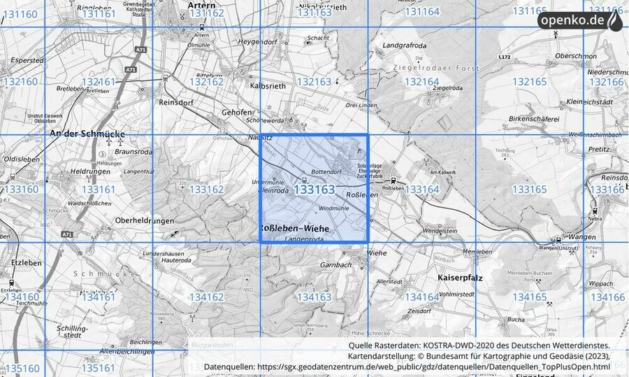 Übersichtskarte des KOSTRA-DWD-2020-Rasterfeldes Nr. 133163