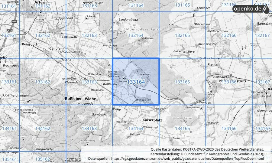 Übersichtskarte des KOSTRA-DWD-2020-Rasterfeldes Nr. 133164