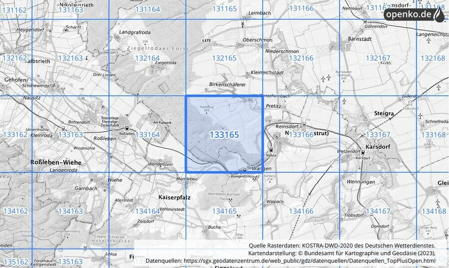 Übersichtskarte des KOSTRA-DWD-2020-Rasterfeldes Nr. 133165