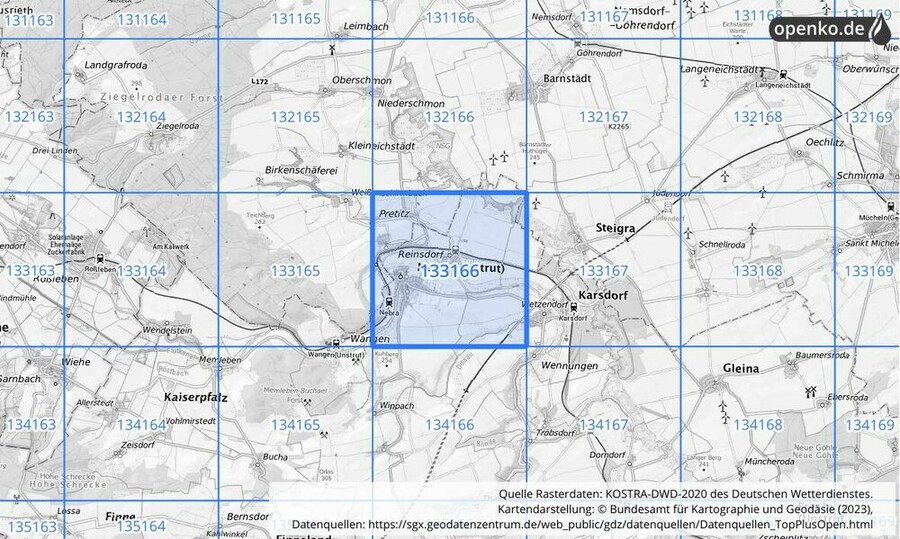 Übersichtskarte des KOSTRA-DWD-2020-Rasterfeldes Nr. 133166