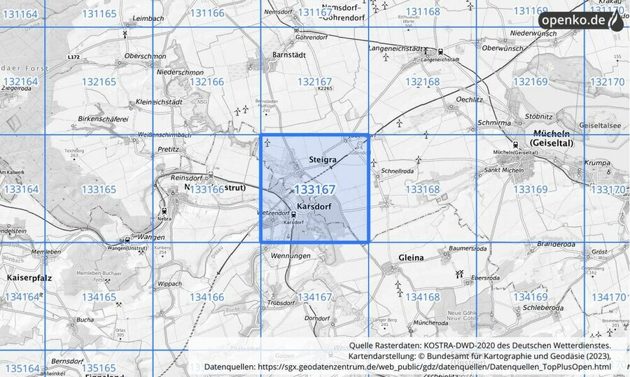 Übersichtskarte des KOSTRA-DWD-2020-Rasterfeldes Nr. 133167