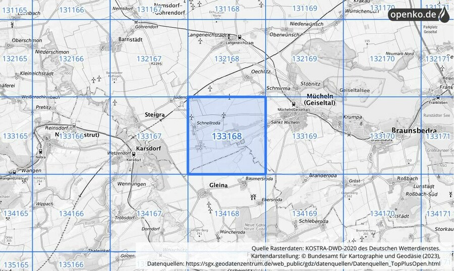 Übersichtskarte des KOSTRA-DWD-2020-Rasterfeldes Nr. 133168