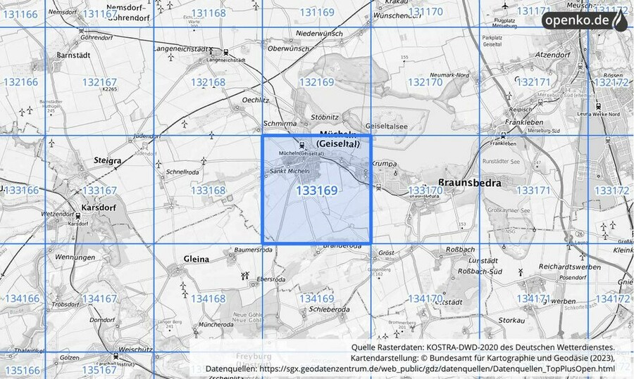 Übersichtskarte des KOSTRA-DWD-2020-Rasterfeldes Nr. 133169