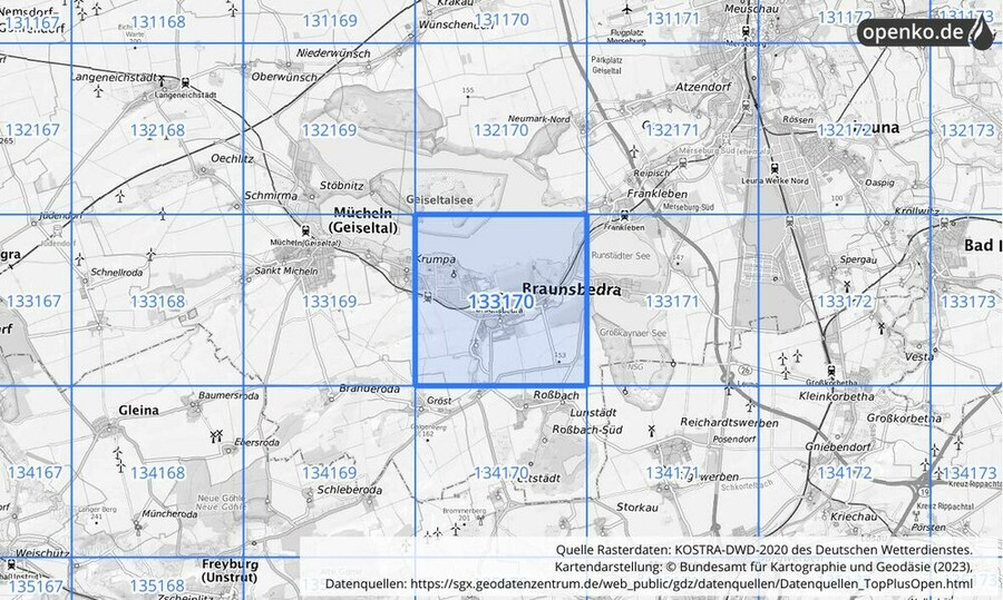 Übersichtskarte des KOSTRA-DWD-2020-Rasterfeldes Nr. 133170