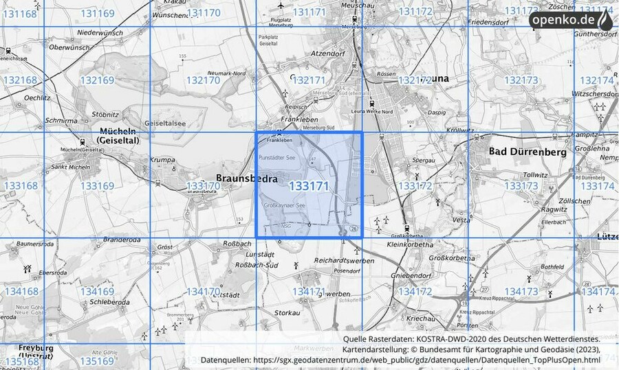 Übersichtskarte des KOSTRA-DWD-2020-Rasterfeldes Nr. 133171