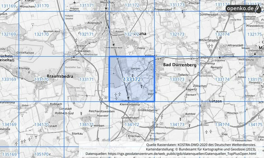 Übersichtskarte des KOSTRA-DWD-2020-Rasterfeldes Nr. 133172