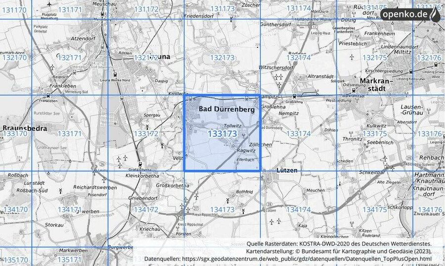 Übersichtskarte des KOSTRA-DWD-2020-Rasterfeldes Nr. 133173