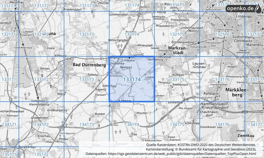 Übersichtskarte des KOSTRA-DWD-2020-Rasterfeldes Nr. 133174