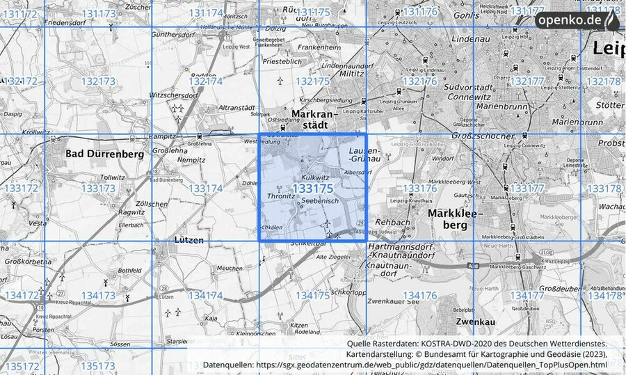 Übersichtskarte des KOSTRA-DWD-2020-Rasterfeldes Nr. 133175