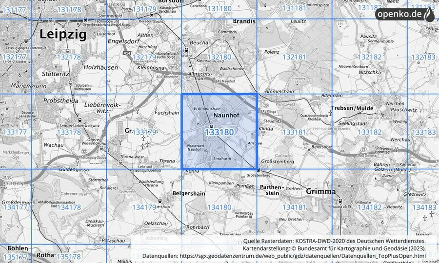 Übersichtskarte des KOSTRA-DWD-2020-Rasterfeldes Nr. 133180