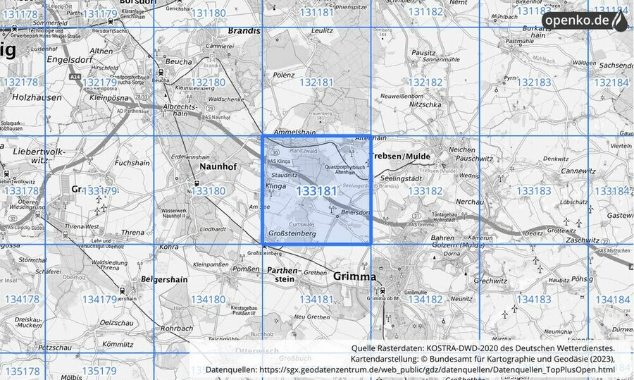 Übersichtskarte des KOSTRA-DWD-2020-Rasterfeldes Nr. 133181