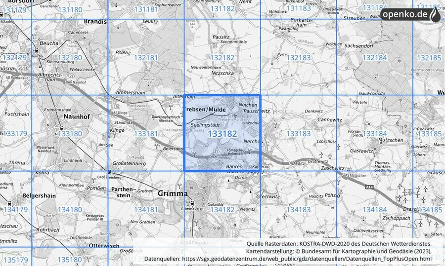 Übersichtskarte des KOSTRA-DWD-2020-Rasterfeldes Nr. 133182