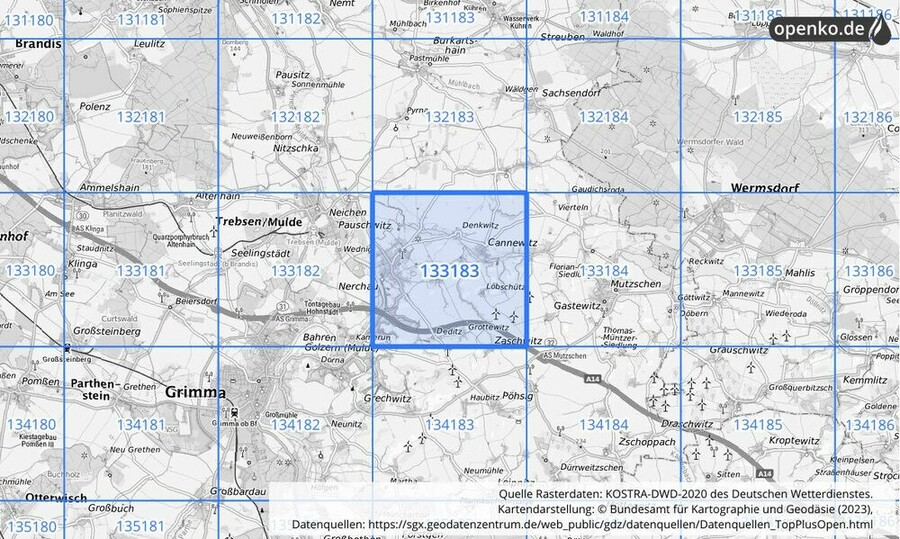 Übersichtskarte des KOSTRA-DWD-2020-Rasterfeldes Nr. 133183