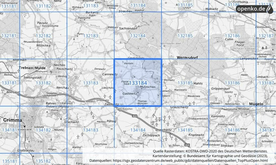 Übersichtskarte des KOSTRA-DWD-2020-Rasterfeldes Nr. 133184