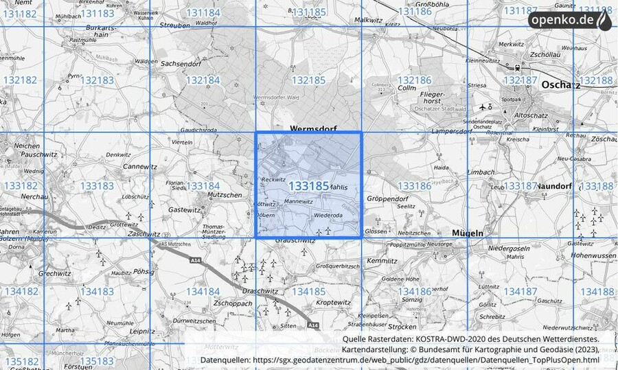 Übersichtskarte des KOSTRA-DWD-2020-Rasterfeldes Nr. 133185