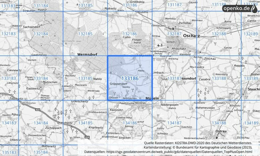 Übersichtskarte des KOSTRA-DWD-2020-Rasterfeldes Nr. 133186