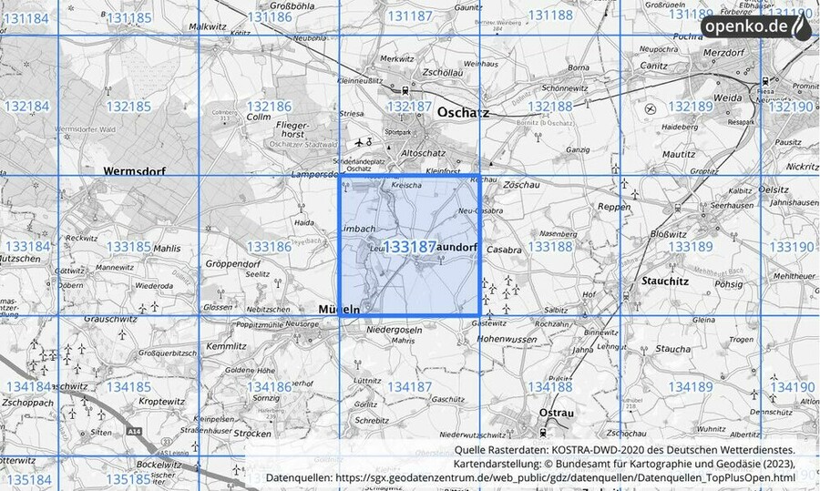 Übersichtskarte des KOSTRA-DWD-2020-Rasterfeldes Nr. 133187