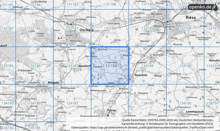 Übersichtskarte des KOSTRA-DWD-2020-Rasterfeldes Nr. 133188