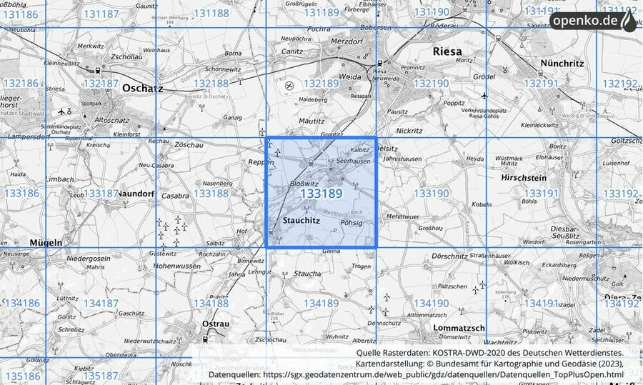 Übersichtskarte des KOSTRA-DWD-2020-Rasterfeldes Nr. 133189