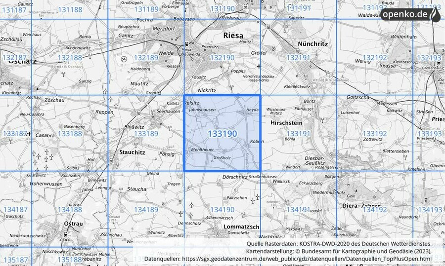 Übersichtskarte des KOSTRA-DWD-2020-Rasterfeldes Nr. 133190