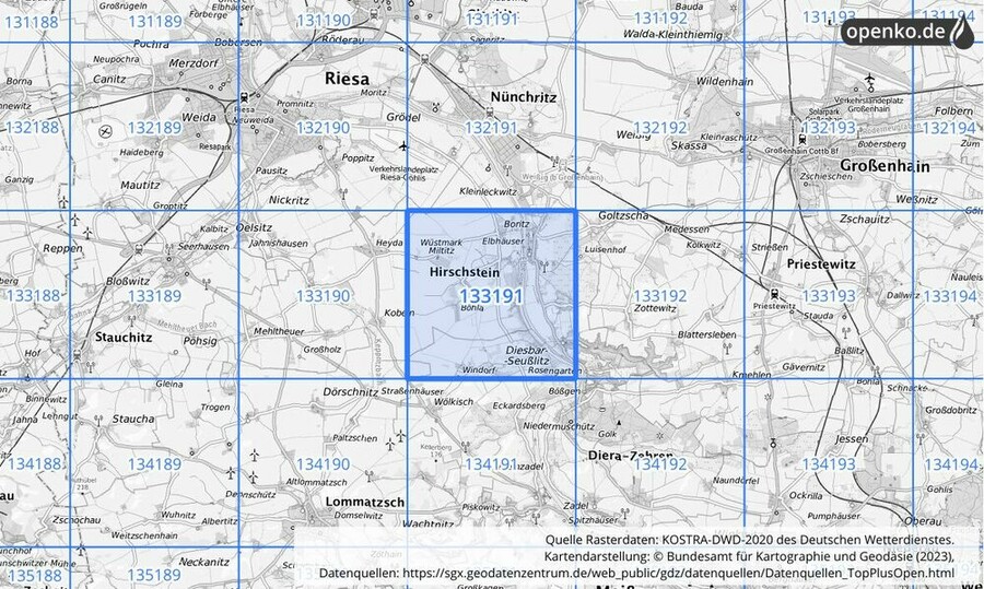 Übersichtskarte des KOSTRA-DWD-2020-Rasterfeldes Nr. 133191