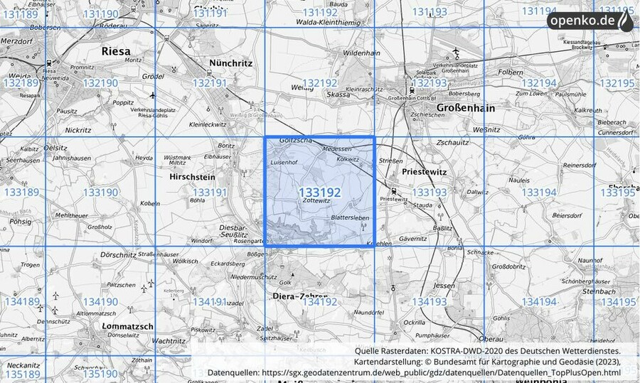 Übersichtskarte des KOSTRA-DWD-2020-Rasterfeldes Nr. 133192