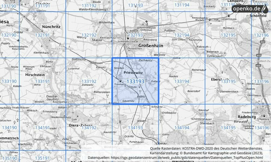 Übersichtskarte des KOSTRA-DWD-2020-Rasterfeldes Nr. 133193