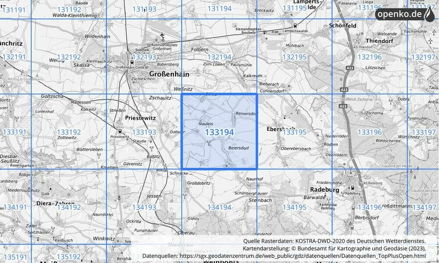 Übersichtskarte des KOSTRA-DWD-2020-Rasterfeldes Nr. 133194