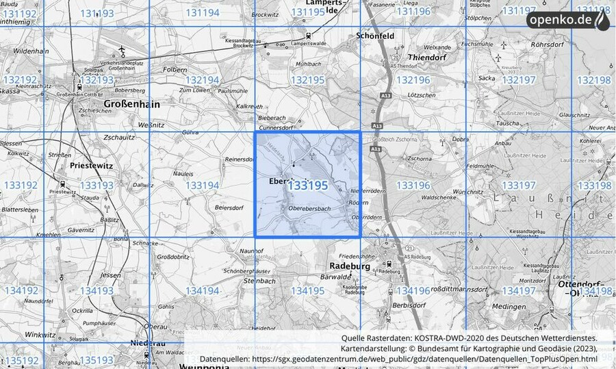 Übersichtskarte des KOSTRA-DWD-2020-Rasterfeldes Nr. 133195