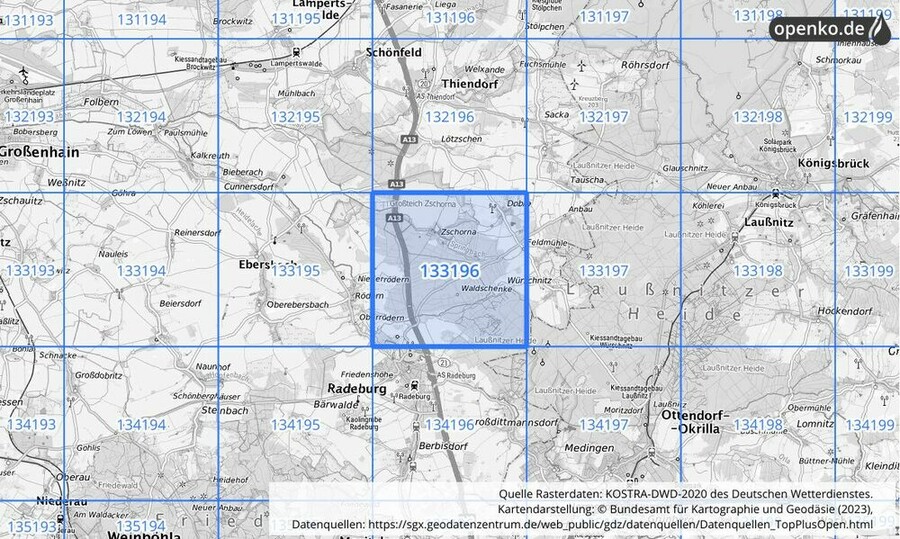 Übersichtskarte des KOSTRA-DWD-2020-Rasterfeldes Nr. 133196