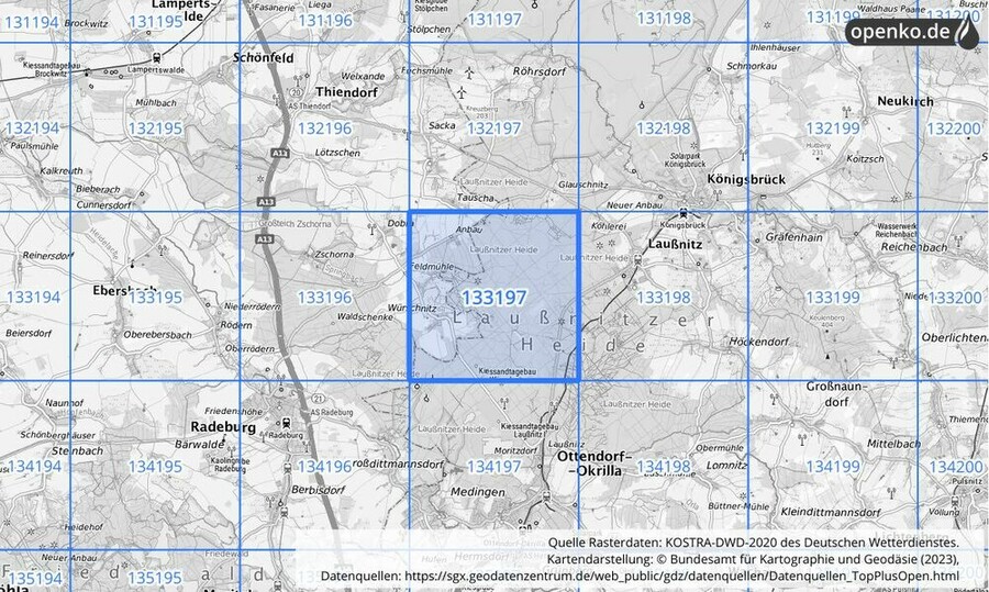 Übersichtskarte des KOSTRA-DWD-2020-Rasterfeldes Nr. 133197