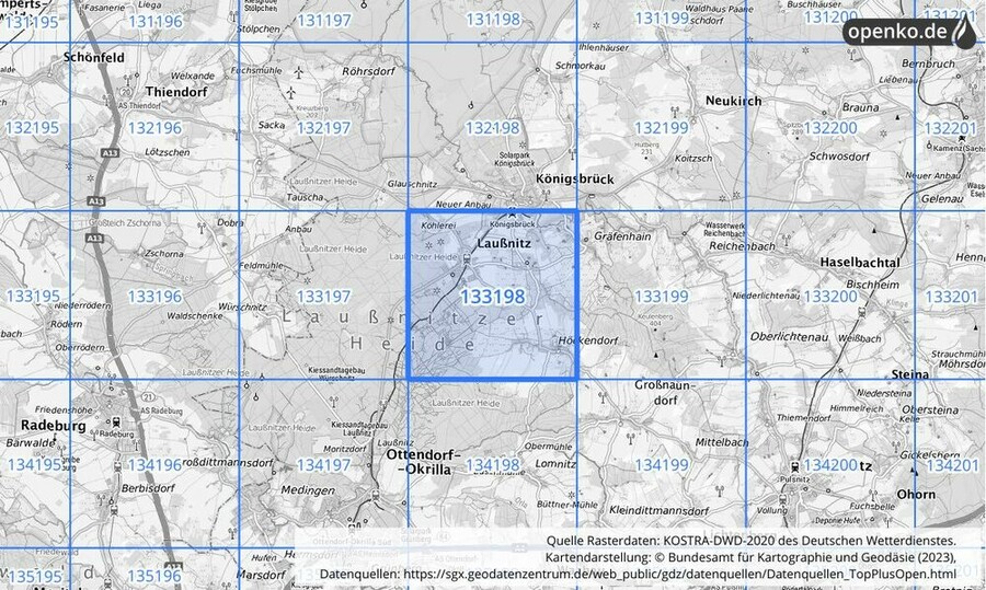 Übersichtskarte des KOSTRA-DWD-2020-Rasterfeldes Nr. 133198