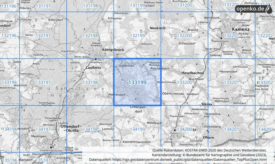 Übersichtskarte des KOSTRA-DWD-2020-Rasterfeldes Nr. 133199