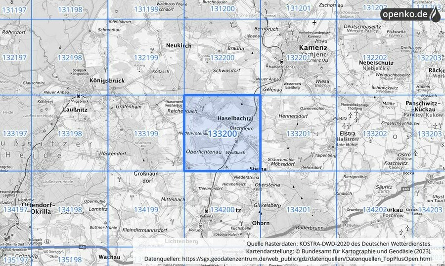 Übersichtskarte des KOSTRA-DWD-2020-Rasterfeldes Nr. 133200