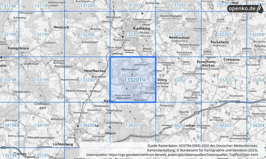 Übersichtskarte des KOSTRA-DWD-2020-Rasterfeldes Nr. 133201