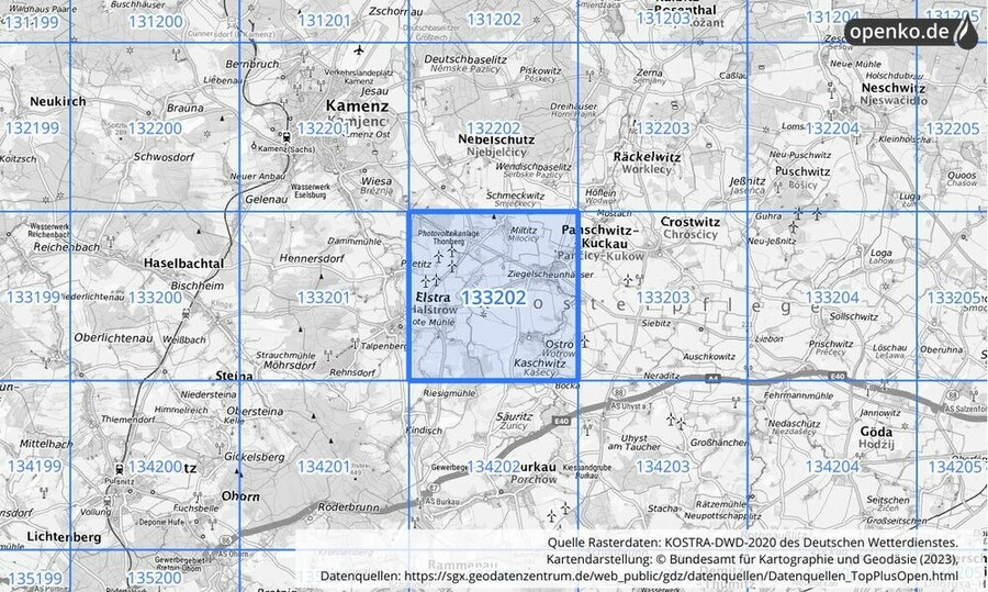 Übersichtskarte des KOSTRA-DWD-2020-Rasterfeldes Nr. 133202