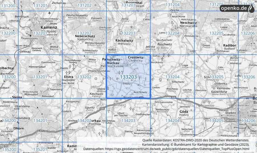 Übersichtskarte des KOSTRA-DWD-2020-Rasterfeldes Nr. 133203