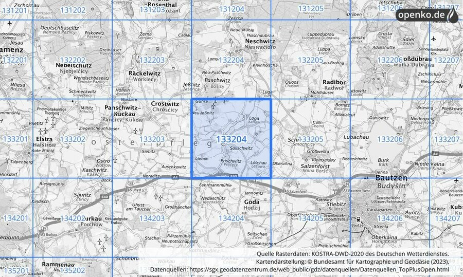 Übersichtskarte des KOSTRA-DWD-2020-Rasterfeldes Nr. 133204