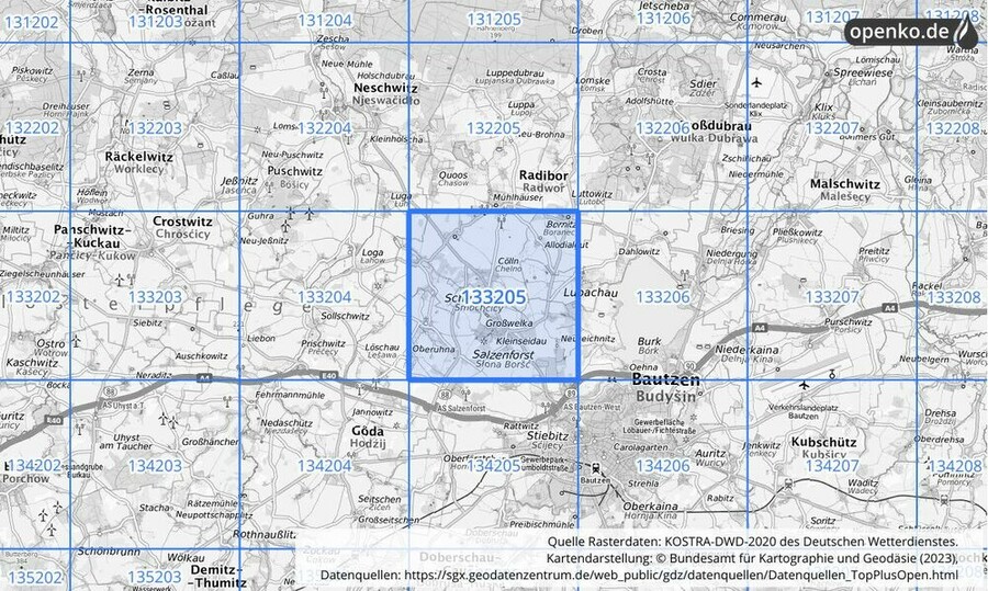 Übersichtskarte des KOSTRA-DWD-2020-Rasterfeldes Nr. 133205