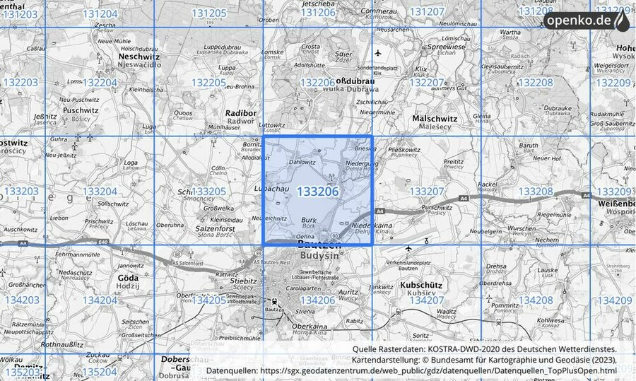 Übersichtskarte des KOSTRA-DWD-2020-Rasterfeldes Nr. 133206