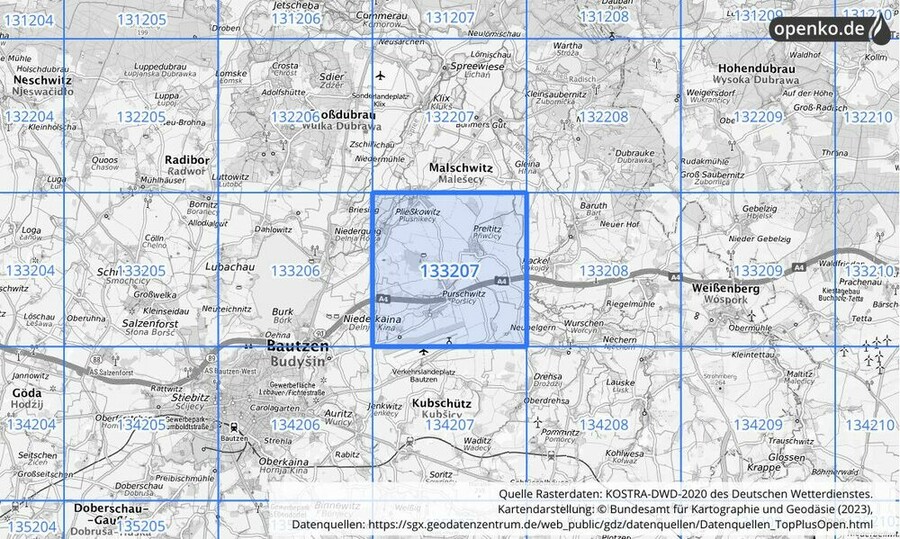 Übersichtskarte des KOSTRA-DWD-2020-Rasterfeldes Nr. 133207