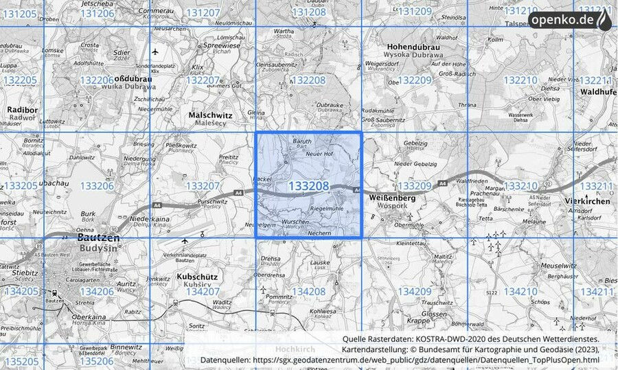 Übersichtskarte des KOSTRA-DWD-2020-Rasterfeldes Nr. 133208